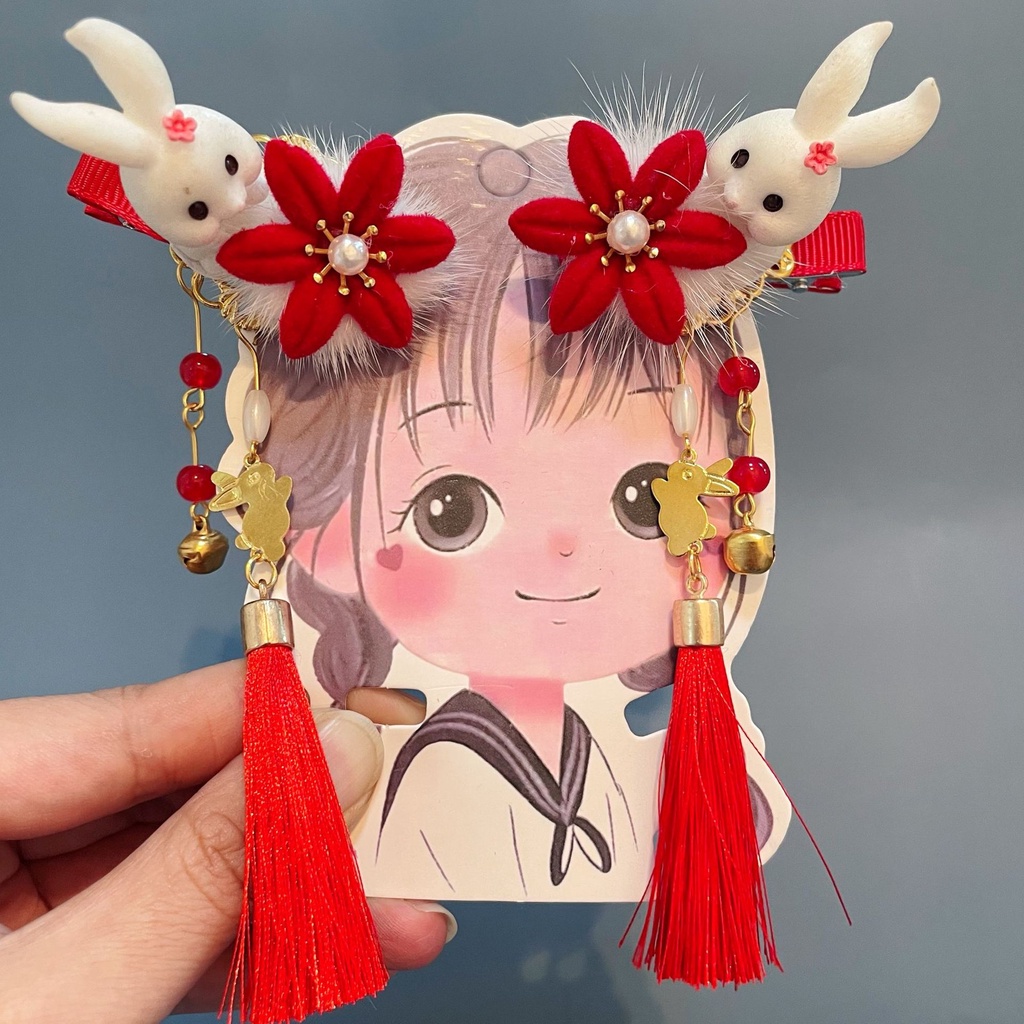 Kẹp Tóc Tua Rua Hình Thỏ Năm Mới 2023 Dễ Thương Cho Bé Gái