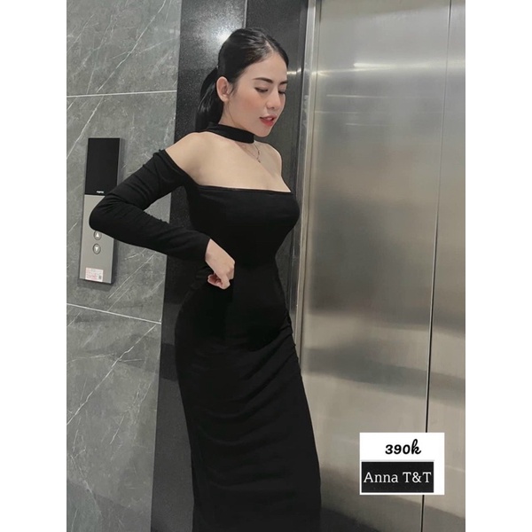 Đầm Body Gân Trễ Vai Tay Dài Đai Cổ Dáng Dài Ôm Body