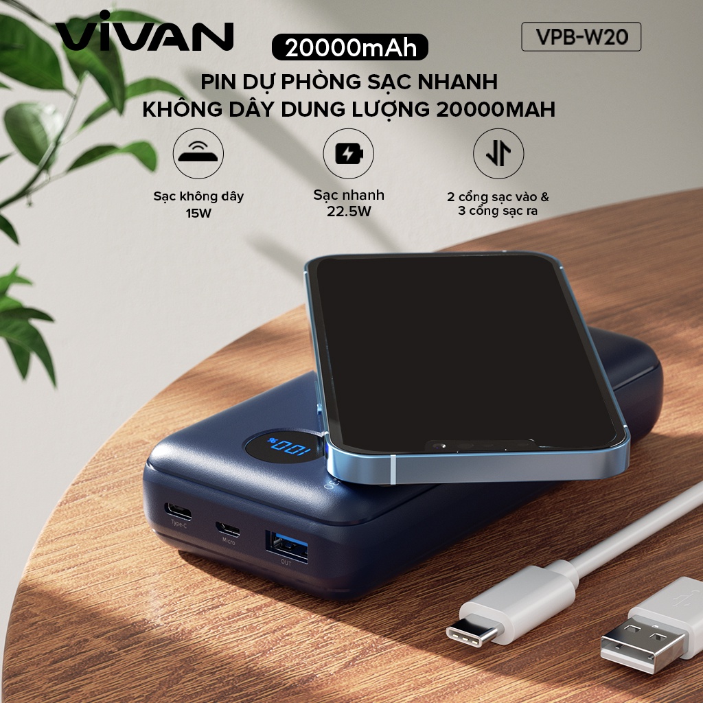 Pin dự phòng VIVAN VPB-W20/ VPB-D20 20000mAh Hiển thị đèn thông minh không dây 3 cổng  sạc nhanh 15W/ 22.5WQC3.0 PD