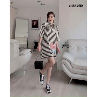 [11.11 Sales Freeship] Đầm suông kẻ sọc cổ bẻ in vịt donal, đầm polo kẻ trắng đen tay lỡ from rộng đi chơi cá tính mtb