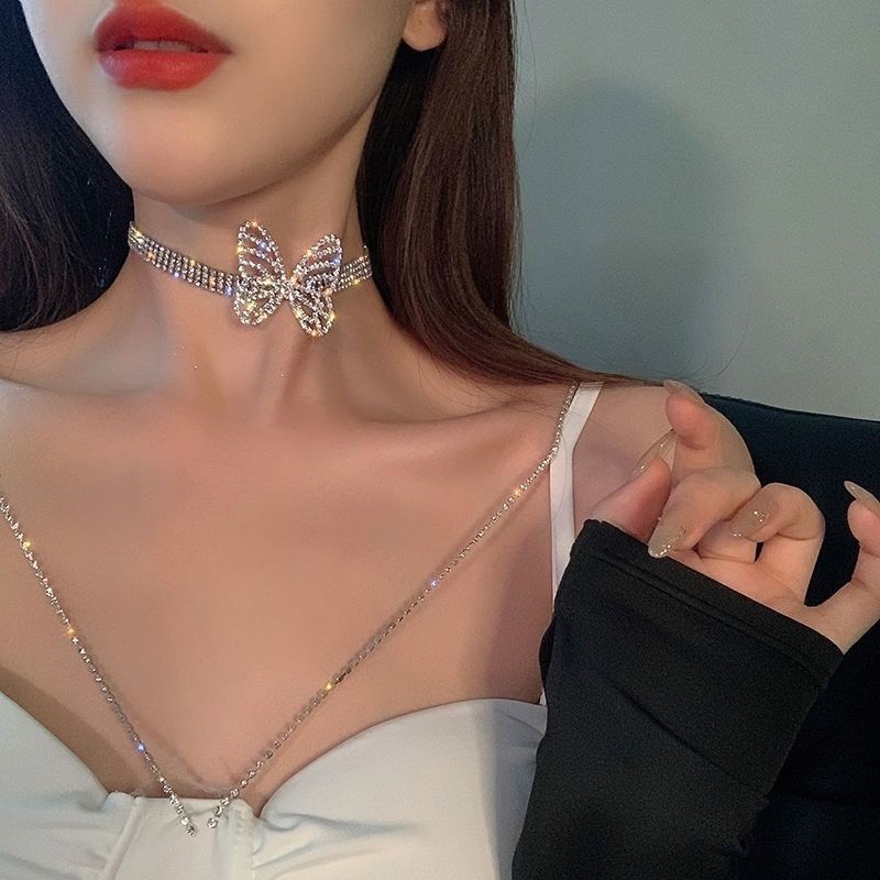 Dây chuyền choker đính đá lấp lánh dự tiệc sang trọng hình Butter fly