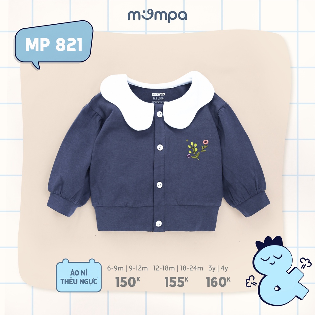 Áo nỉ dài tay thu đông thêu hoa cho bé gái Mompa từ 6 tháng đến 4 tuổi vải nỉ cotton MP 821