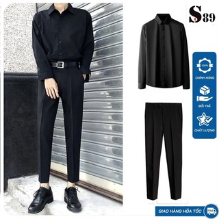 (Mua 1 được 2)  -  Set quần áo sơ mi  nam quần tây nam đen + áo sơ mi nam đen và trắng dài tay