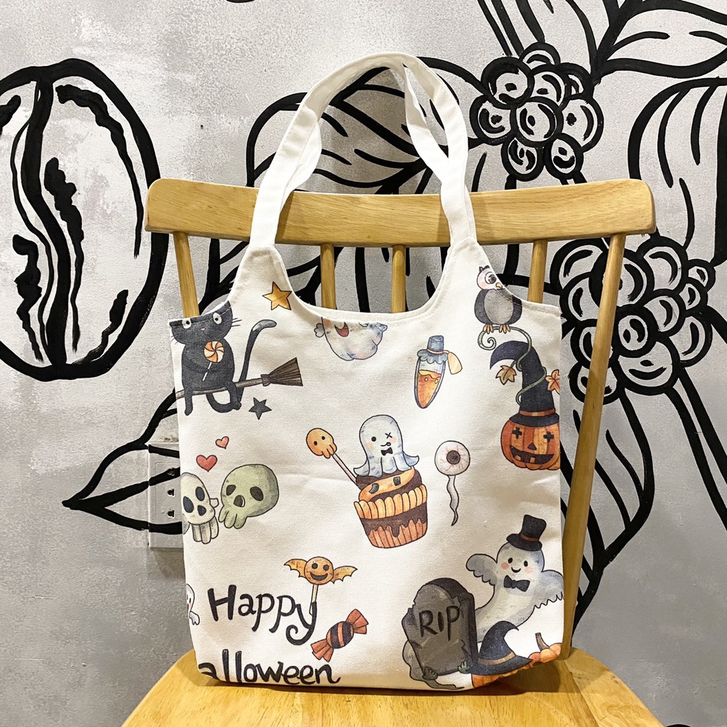 Túi tote, vải canvas 100% poli cao cấp, phong cách thời trang ulzzang, có khoá miệng xịn xò Halloween Cute