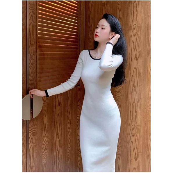 Đầm body tay dài,phối nơ cột sau.