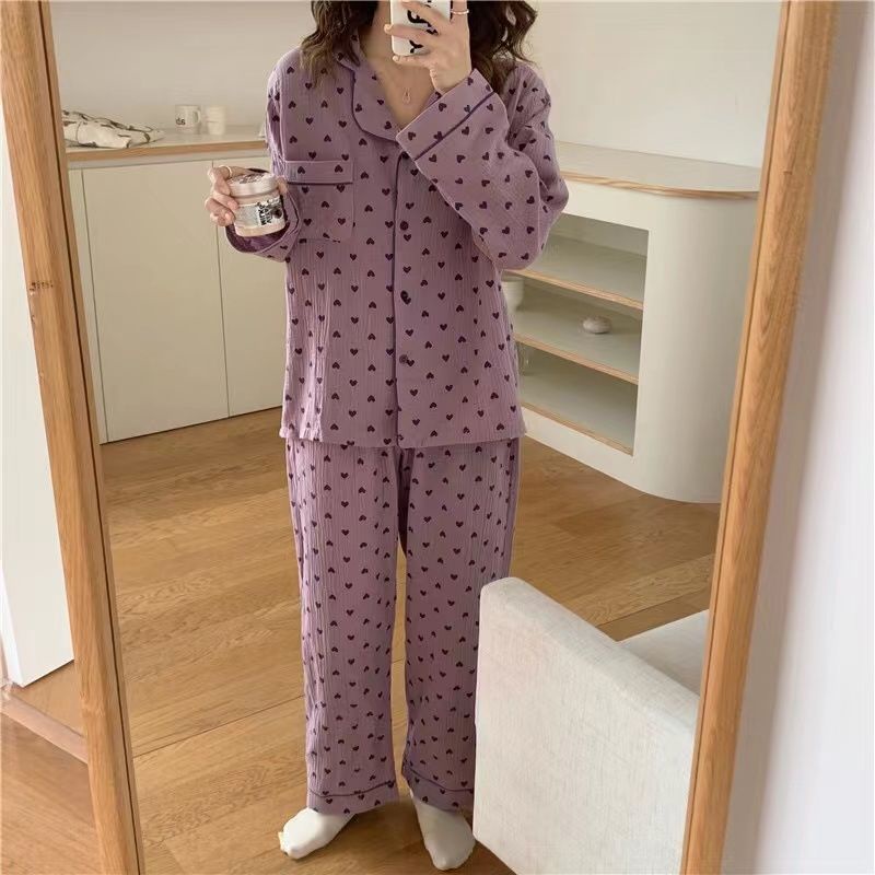 Bộ Đồ Ngủ Tay Dài Dáng Rộng In Họa Tiết Trái Tim Thời Trang Hàn Quốc Dành Cho Nữ