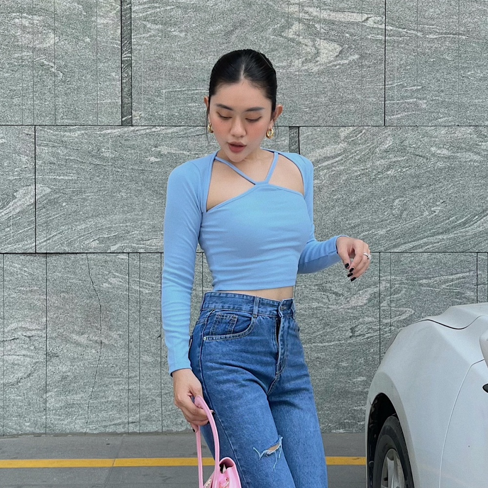 Áo croptop nữ dài tay ôm kiểu yếm hở vai nhiều màu TiQi Jeans A-180