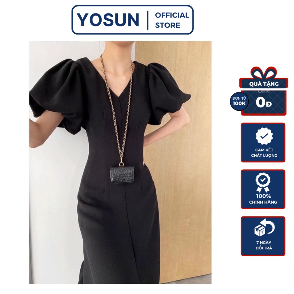 Đầm Đi Tiệc Dáng Dài Xòe Eo Thắt Nơ Nhẹ Nhàng Xinh Xắn, Đầm Nữ Cổ V Tay Ngắn Bồng Siêu Xinh Màu Vàng Màu Đen