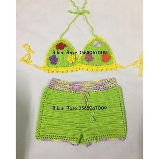 BIKINI LEN MÓC XANH LÁ GẮN HOA