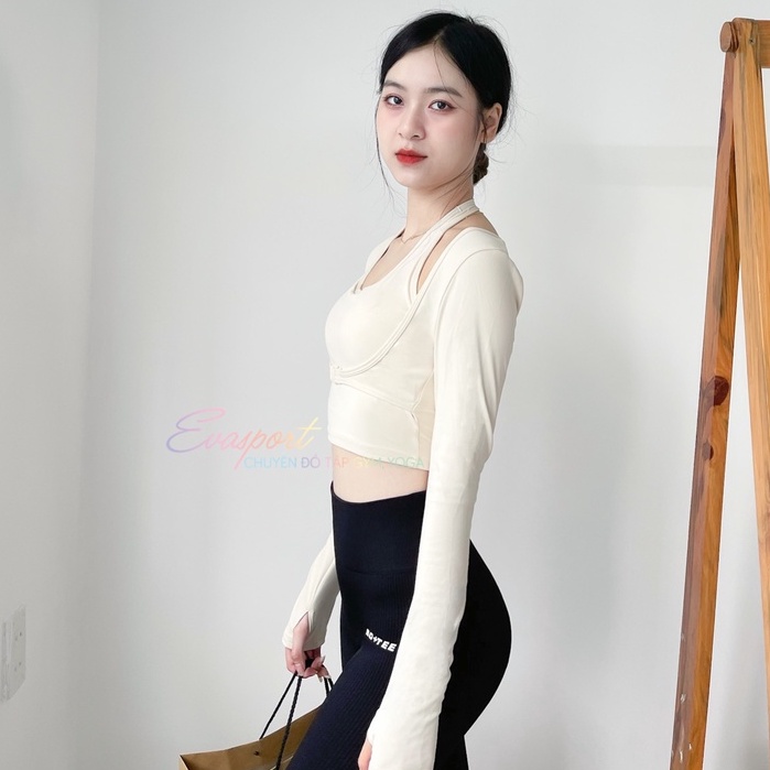 Áo Tập Gym, Yoga, Aerobic Nữ Tay Dài Trước Ngực Kèm Bra, Áo Mùa Lạnh 2 Lớp, Thể Thao, Ôm Body Co giản Evasport