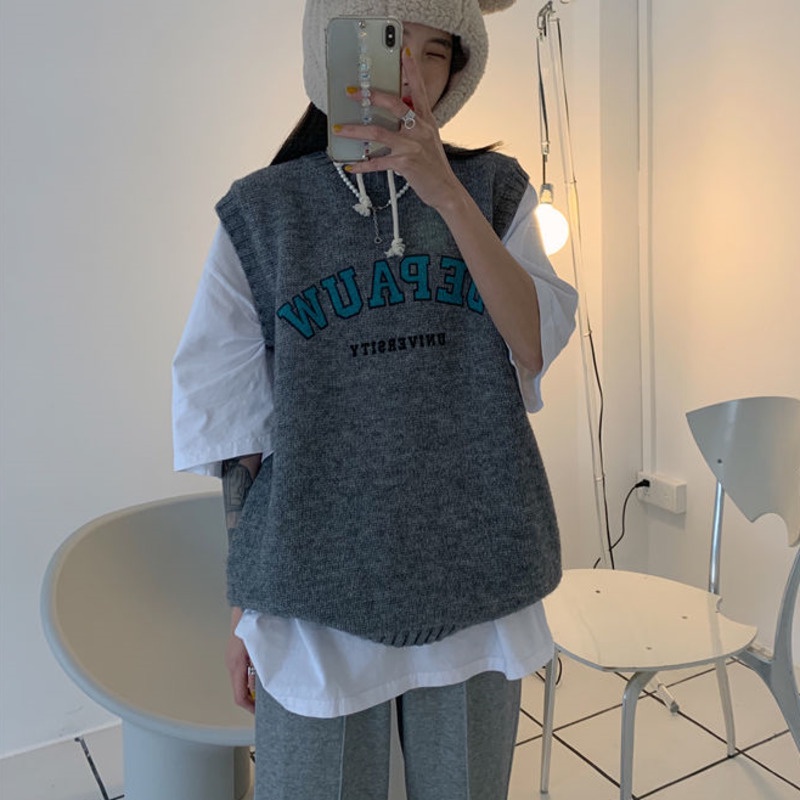 Áo Sweater Dệt Kim Không Tay In Chữ Phong Cách Preppy Thời Trang Mùa Thu Cho Nữ