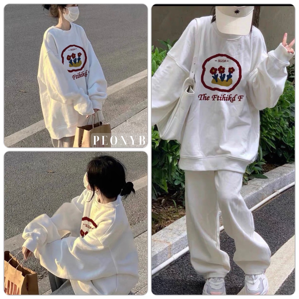 Áo sweater 3 bông hoa Sezoa Unisex [FREESHIP] Nỉ form rộng tay phồng kiểu dáng vintage đường phố hàn quốc peonyb