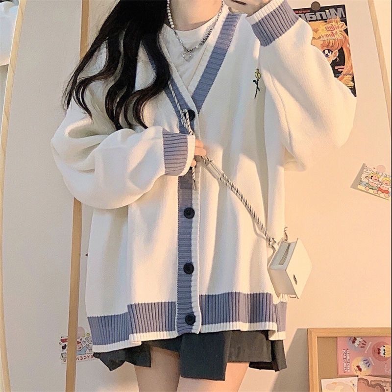 Áo khoác len cardigan viền xám màu trắng trơn dễ phối siêu xinh mùa đông