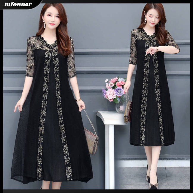 Đầm Dáng Rộng Cổ Chữ V Phối Lưới In Họa Tiết Xinh Xắn Thời Trang Cho Nữ