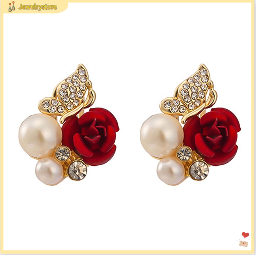 Khuyên tai hình hoa hồng đính ngọc trai xinh xắn