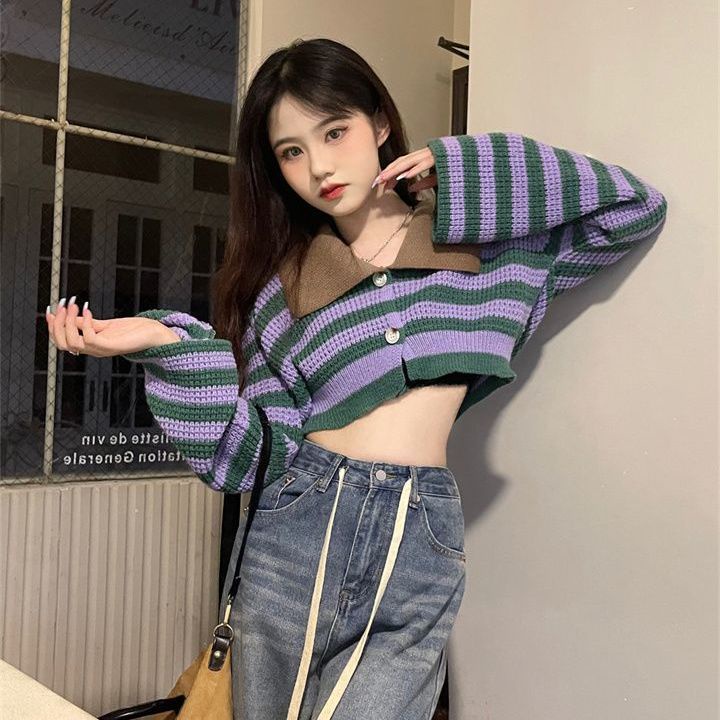 UIOWOO  Áo Khoác Cardigan Ngắn Tay Dài Họa Tiết Kẻ Sọc Phong Cách Phương Tây Cổ Điển Thời Trang Mới Cho Nữ