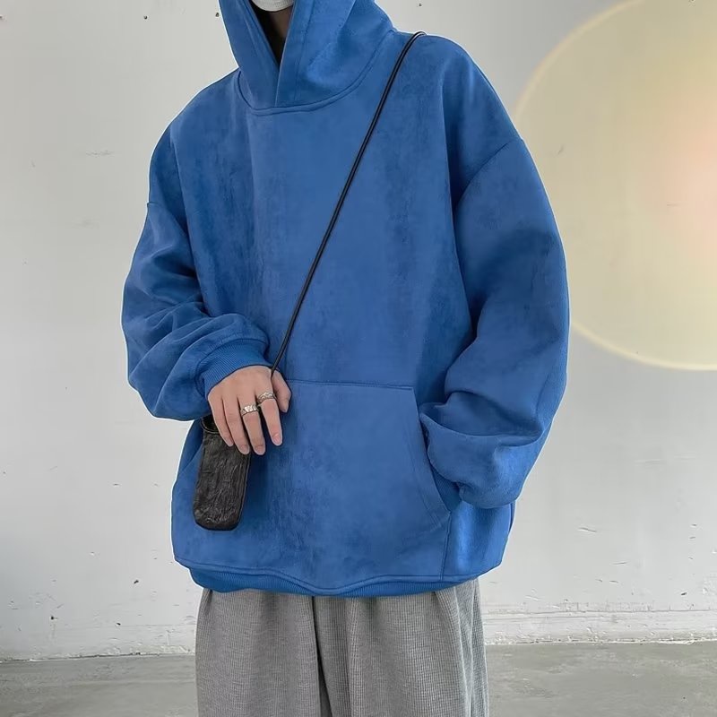 Áo khoác hoodie da lộn dáng rộng thiết kế năng động dành cho nam