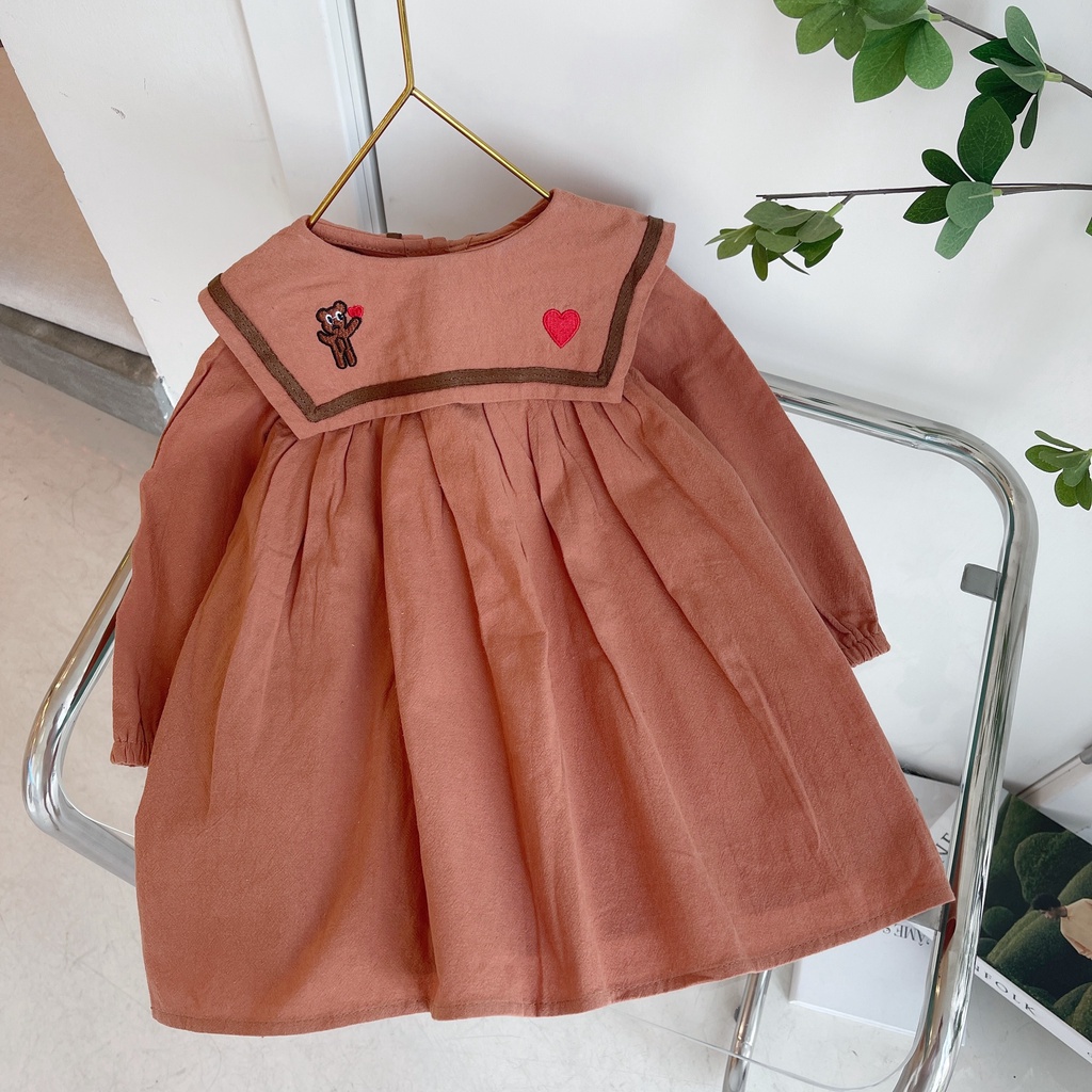 Váy thu cổ vuông thêu gấu cho bé gái 1-5 tuổi (Mã 130503)