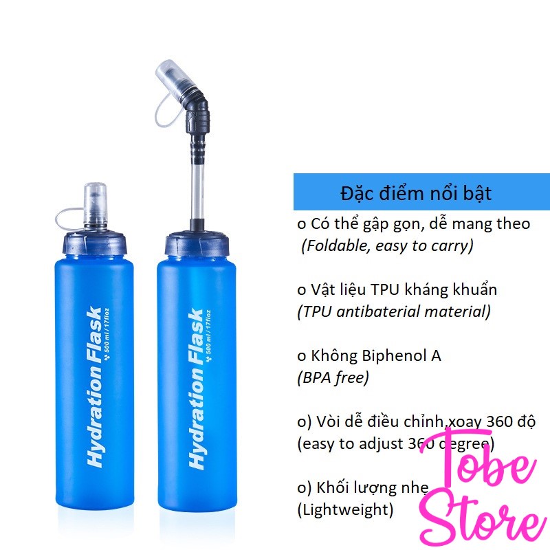 Bình nước mềm miệng rộng chạy bộ, leo núi, đạp xe Hydration Flask 500ml bền đẹp tiện dụng