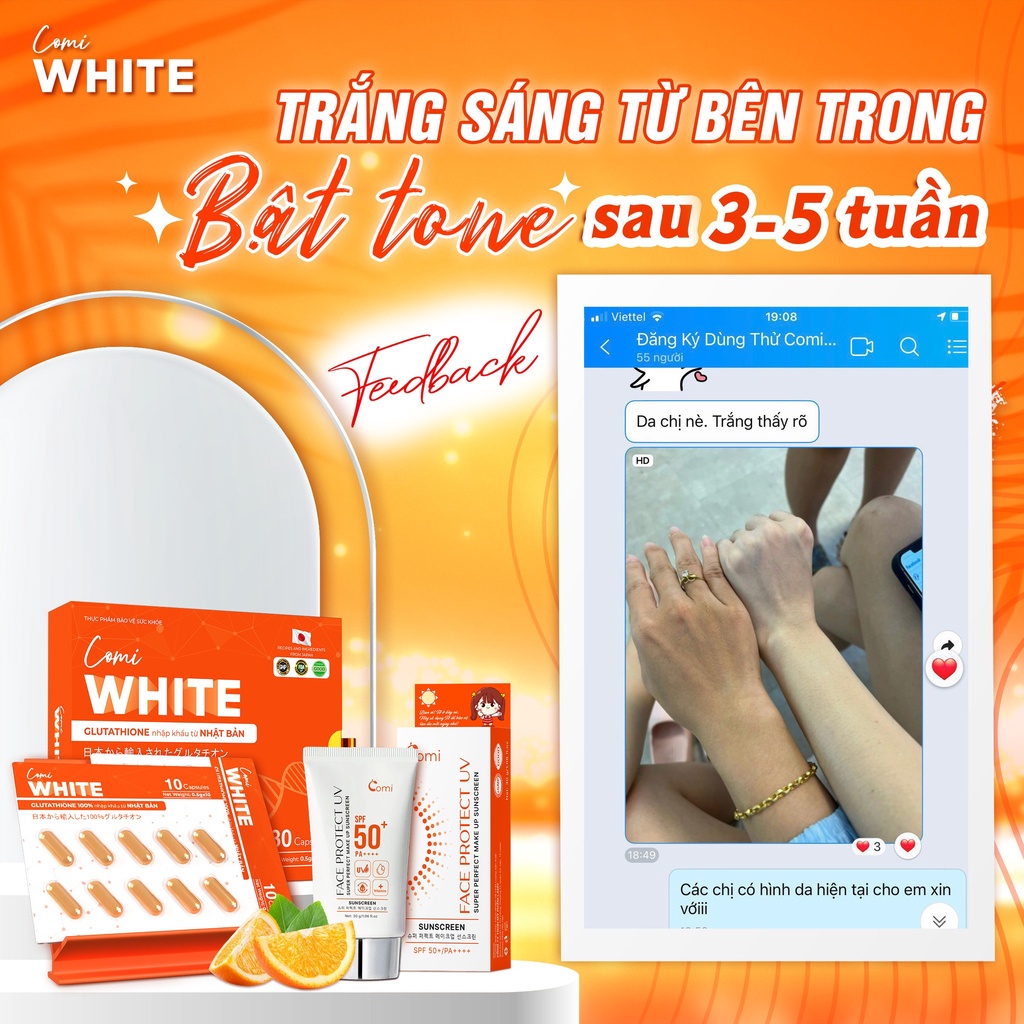 Viên uống trắng da COMI WHITE, viên uống sáng da công nghệ Nhật hỗ trợ hết nám sạm thâm mua 2 tặng 1
