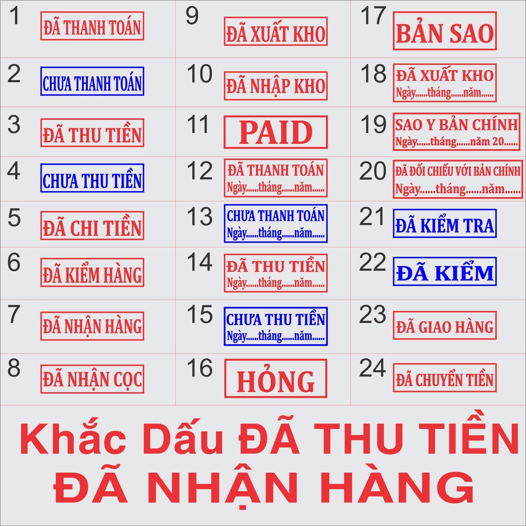 Khắc dấu đã nhận hàng, đã thu tiền, chưa thu tiền, sao y bản chính