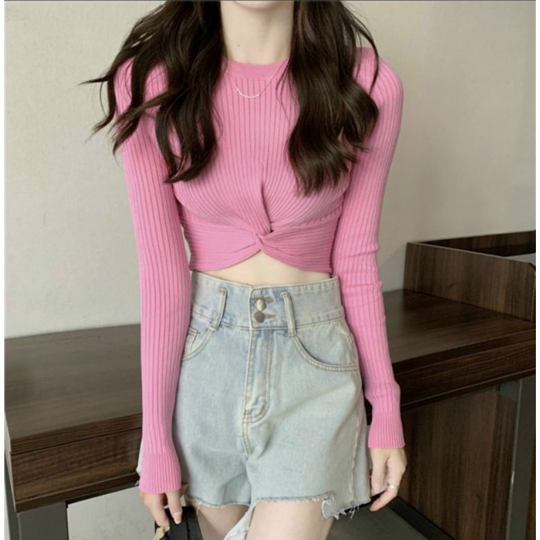 Áo thun croptop tay dài xoắn bụng siêu hot(A15