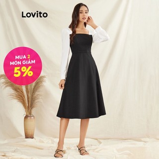 106DP-Đầm Lovito Midi Tay Dài Cổ Vuông Màu Đen Trơn Phong Cách Vintage L31AD049 (Màu đen)
