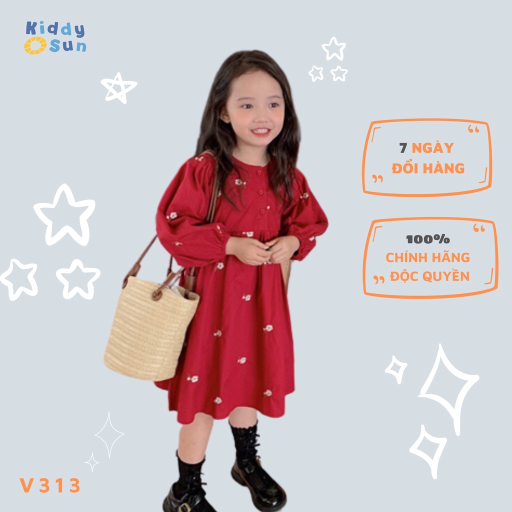 Váy bé gái KIDDY SUN dài tay đỏ hoa công chúa xinh đẹp cho trẻ em gái từ 2,3,4,5,6,7,8,9,12 tuổi [V324]