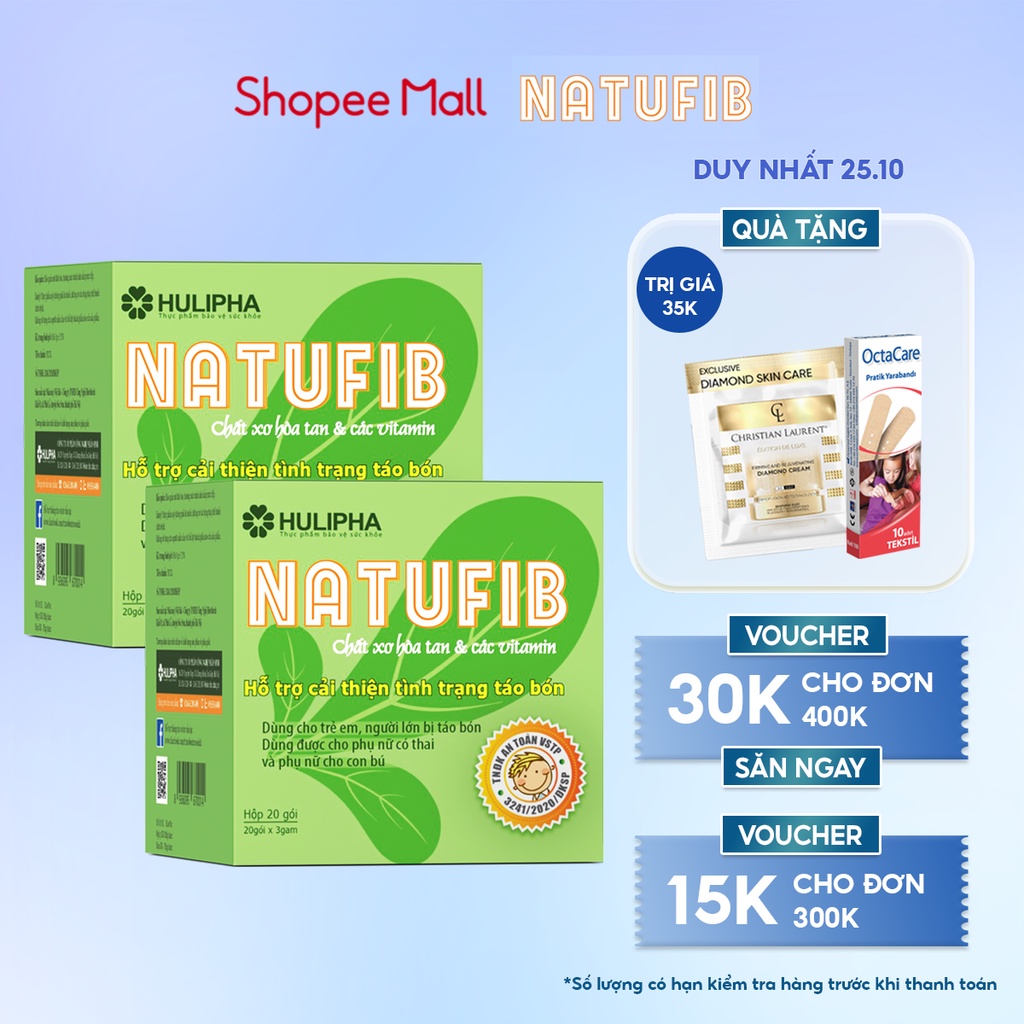 Bộ 2 Hộp Natufib Chất Xơ Hòa Tan HULIPHA Hỗ Trợ Phòng Táo Bón An Toàn Cho Bà Bầu, Trẻ Nhỏ Hộp 20 Gói