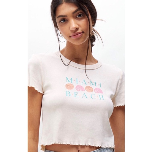 Áo croptop ôm xoăn lai thun bo gân in Miami Beach, 2 màu