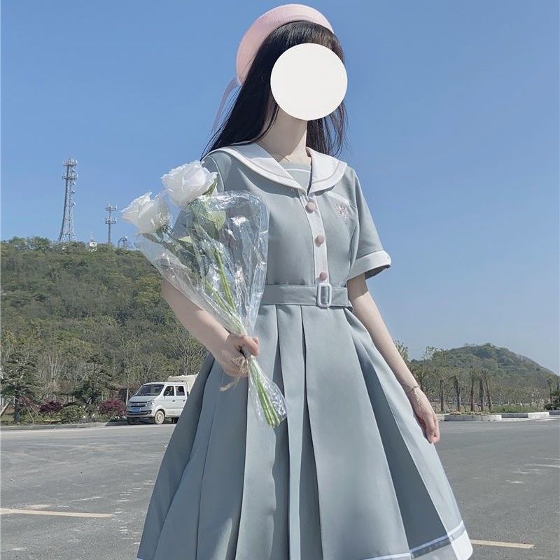 Đầm Ấn Độ Dáng Dài Xếp Ly Cổ Hải Quân Mỏng Chiết Eo Ngọt Ngào Cho Nữ Sinh Trung Niên