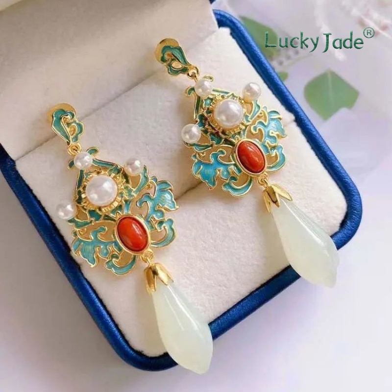 Bông Tai Mạ Bạc 925 Đính Đá Mã Não Đỏ Phong Cách Cung Điện