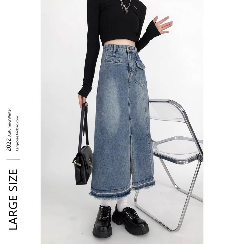 Chân váy jeans xẻ tà tua rua dáng dài ulzzang, chân váy bò xẻ trước dáng dài Bazic one