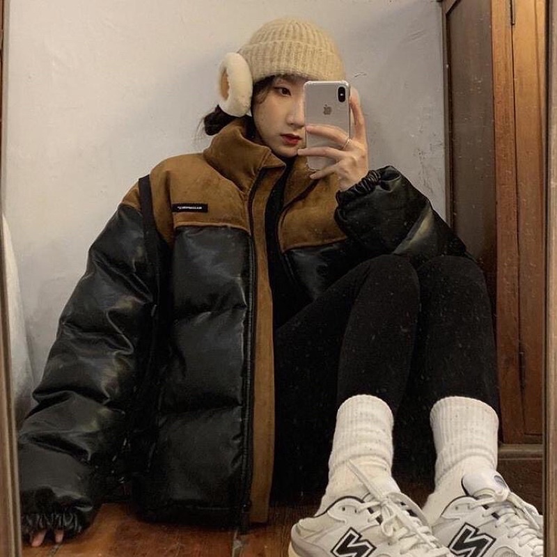 Áo khoác phao béo da phối màu nhung có túi phong cách retro đơn giản FOOTMADE