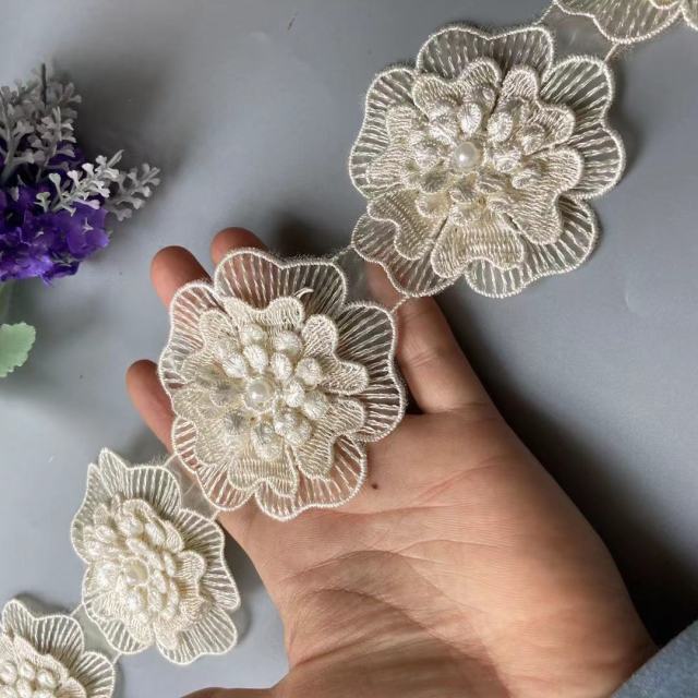 Set 10 Dây Ruy Băng 7.5cm Bằng Polyester Phối Ren Đính Hạt Ngọc Trai Và Hoa Thêu Họa Tiết Thủ Công