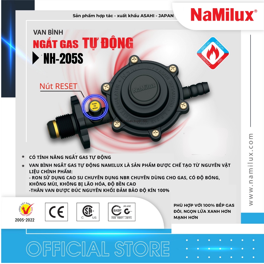 Bộ Van Gas NaMilux NH-205S│Sản Phẩm Gồm Có 1 Van Ngắt Gas Tự Động + 1 Dây Dẫn Gas 1.5m + 2 Cổ Dê│Hàng Chính Hãng