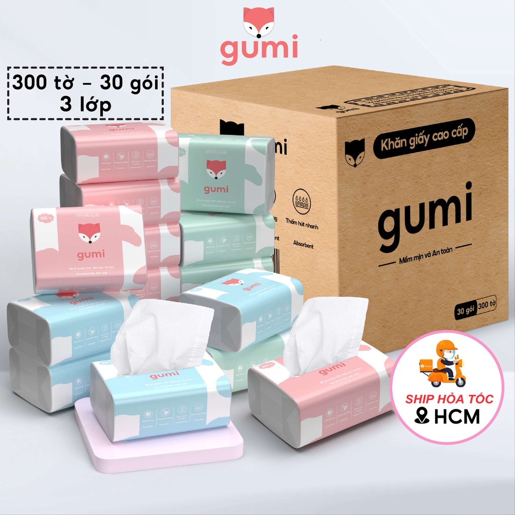 Giấy ăn gấu trúc Gumi, thùng giấy ăn rút 30 gói cao cấp Gumi