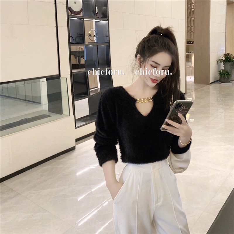 Jiashuchengv Áo Thun Dệt Kim Tay Dài Phối Dây Xích Phong Cách Hàn Quốc Thời Trang Cho Nữ