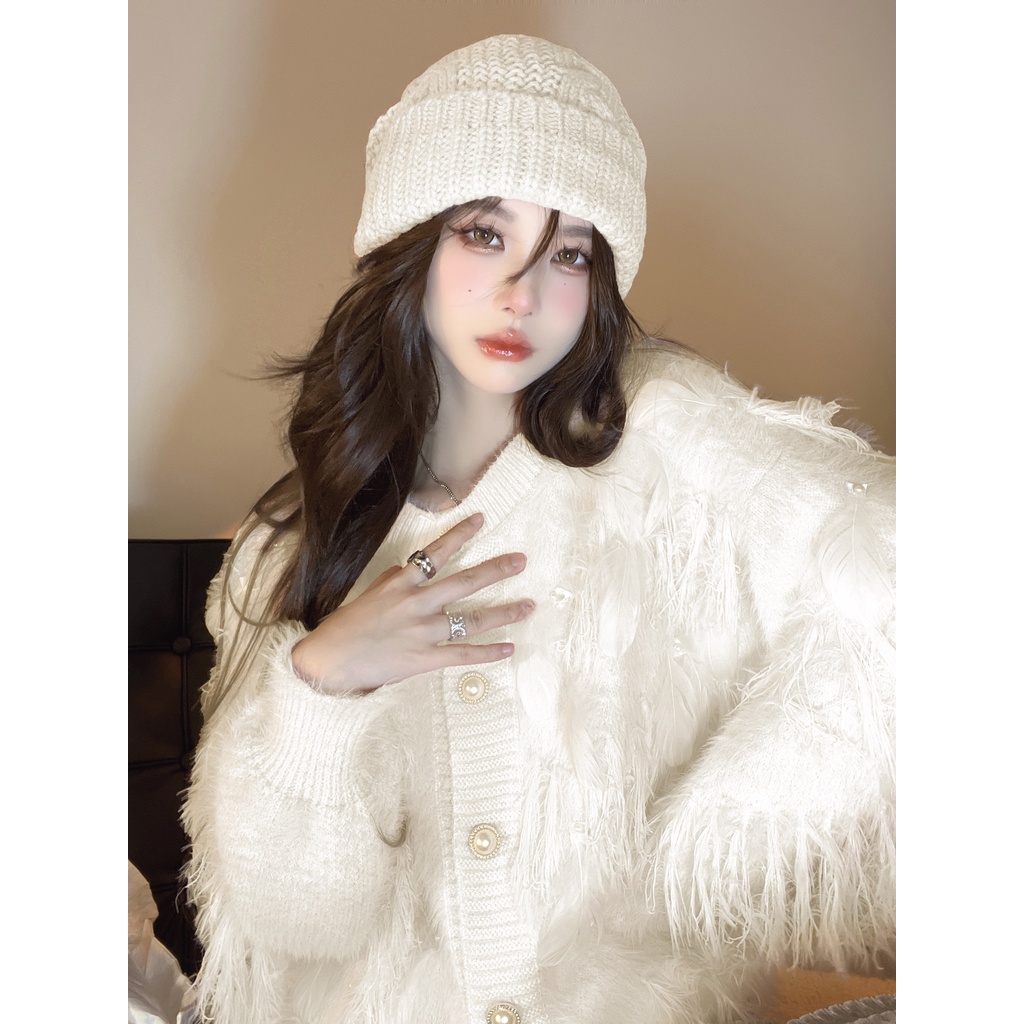 Áo Khoác Len Tay Dài Đính Ngọc Trai Và Lông Vũ Thời Trang Thu Đông Mới