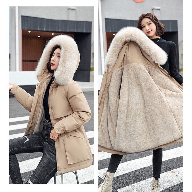 Áo khoác parka kaki nữ lót lông mũ lông có dây rút eo túi hộp tay chun YOLY