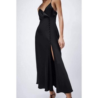 [ORDER MỸ] Đầm midi ZARA lụa satin đen dây cổ V đắp chéo xẻ tà