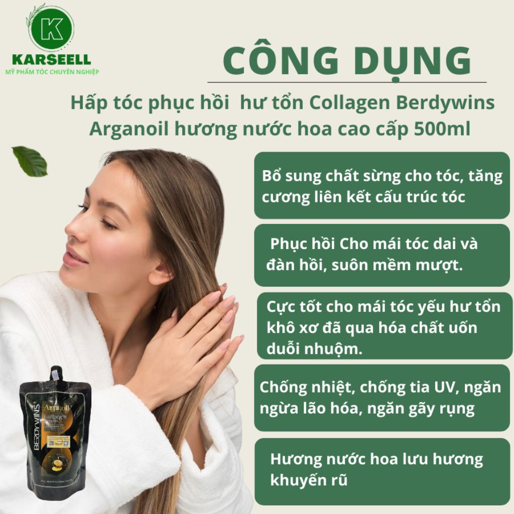 Dầu hấp ủ tóc collagen BERDYWINS 500ML phục hồi tái sinh tóc kích thích mọc tóc siêu mượt chính hãng | HAIRSHOP_1992