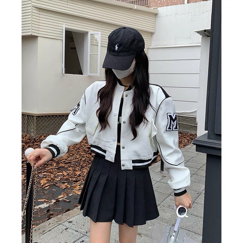 Áo bomber nữ dáng ngắn croptop phối tay da shop Đậu Xinh - B303