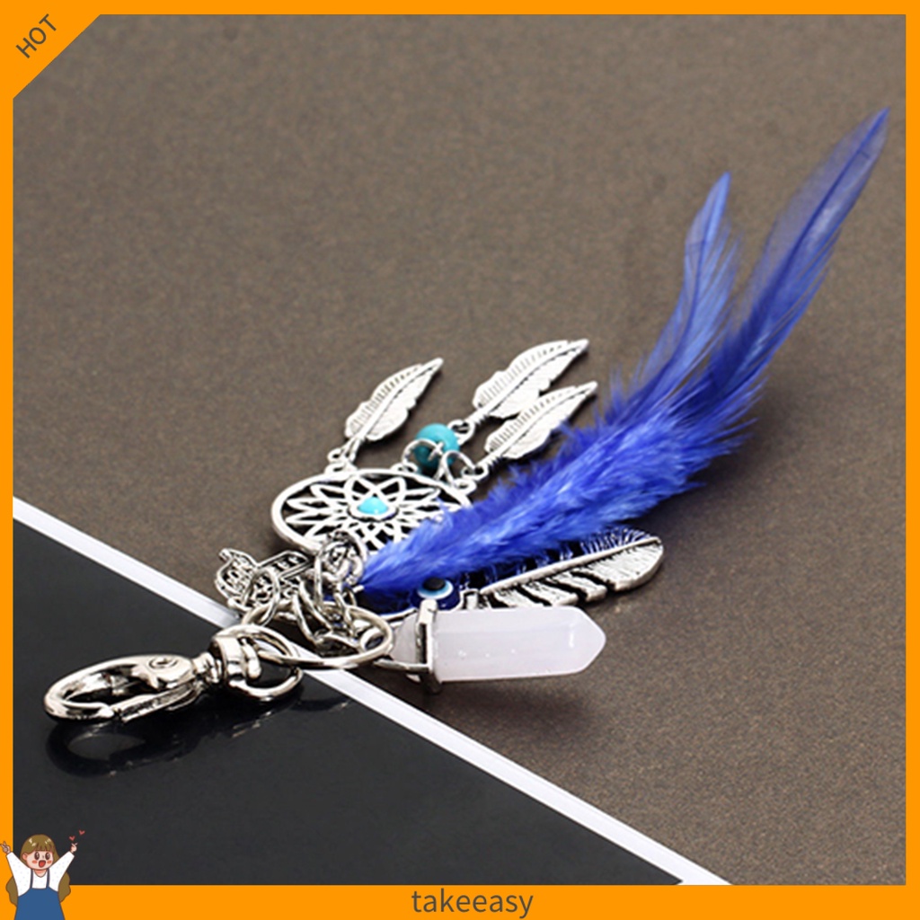 Móc Khóa Hình Dream Catcher Phối Lông Vũ Và Đá Opal Cổ Điển