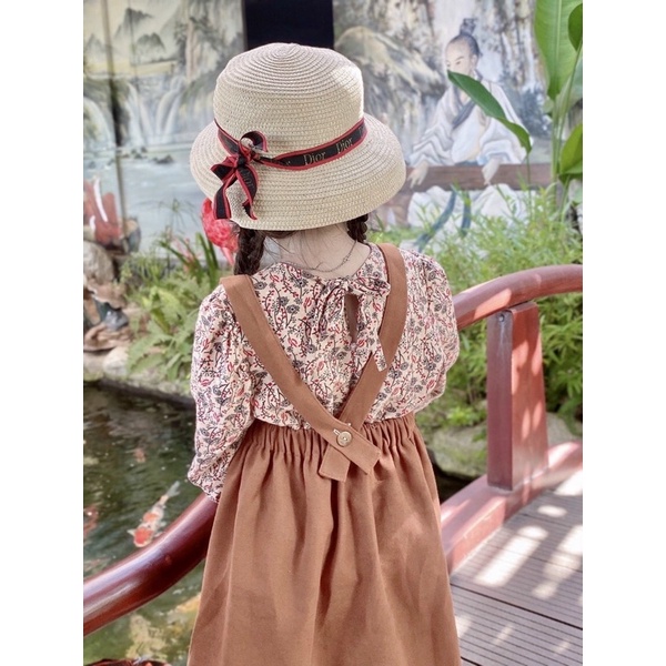 Váy bé gái Mykids váy thu đông cho bé set vintage trẻ em yếm nâu kèm áo dài tay hàng thiểt kế từ 6-32kg