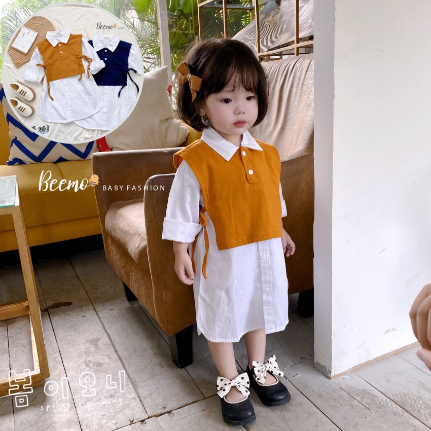 Váy sơ mi trắng Bassic suông kèm yếm gile cotton BEEMO phong cách Hàn Quốc cho bé gái mặc đi chơi đi học BE26