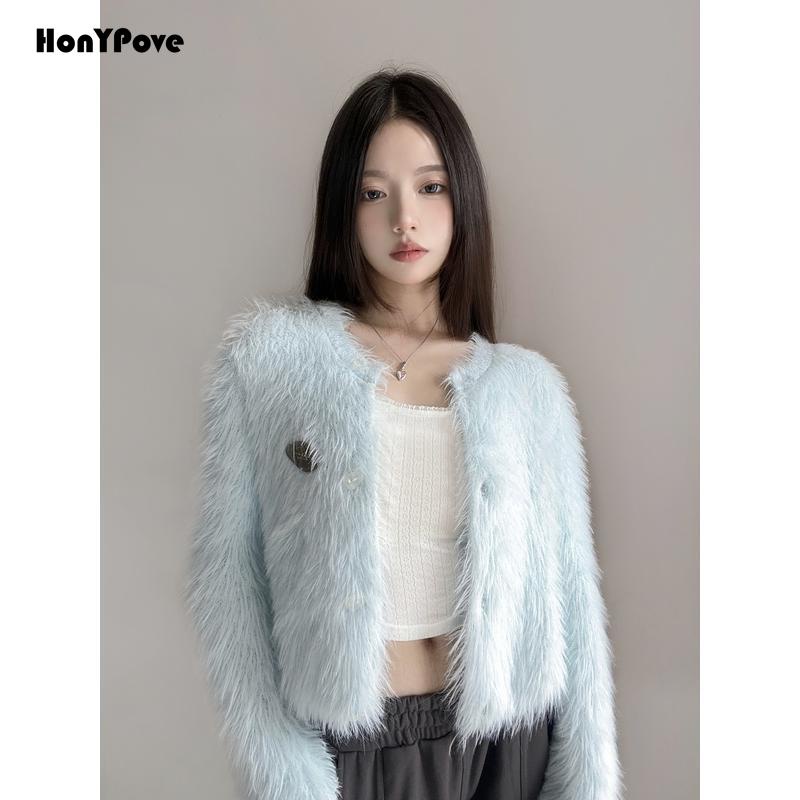 Áo Khoác Cardigan Dệt Kim Phối Lông Thú Màu Xanh Da Trời