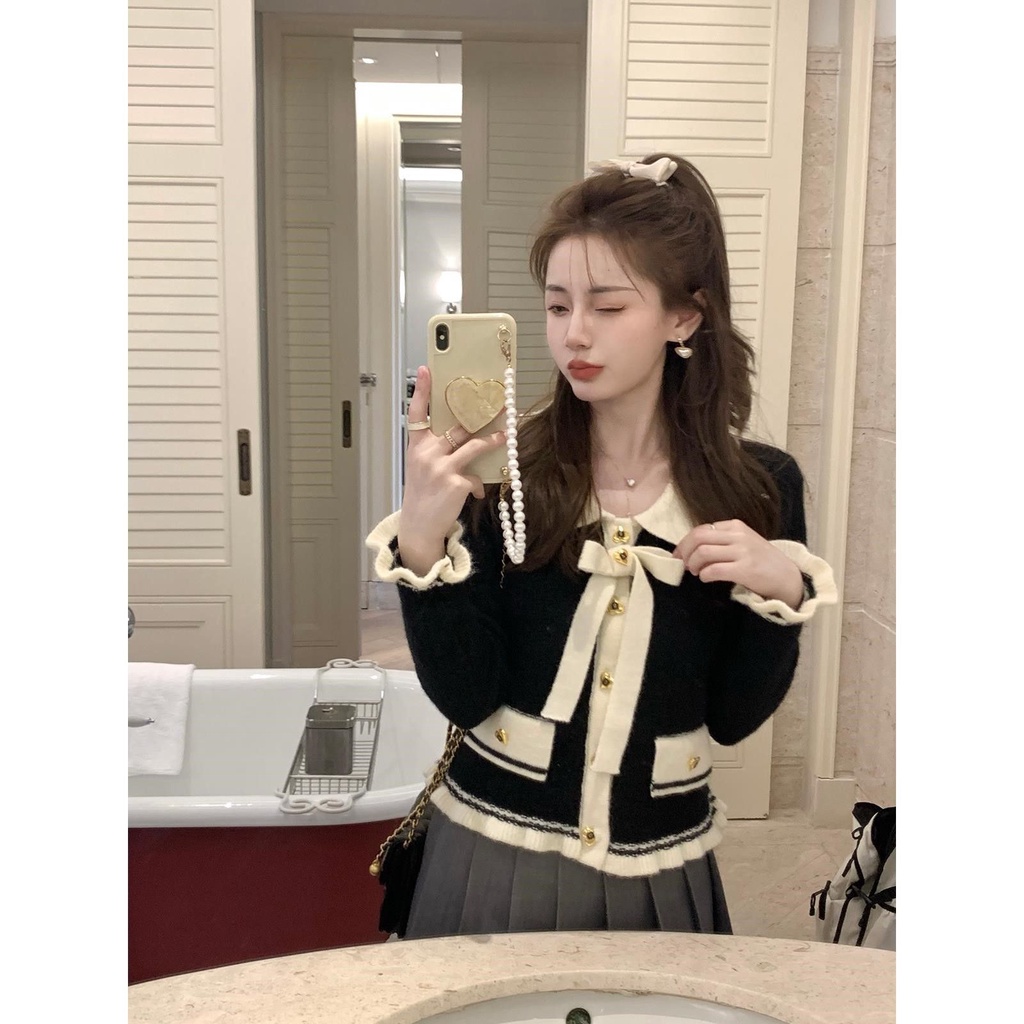 Áo Khoác Cardigan Dệt Kim Dáng Ngắn Cột Dây Nơ Màu Sắc Tương Phản Phong Cách Mới