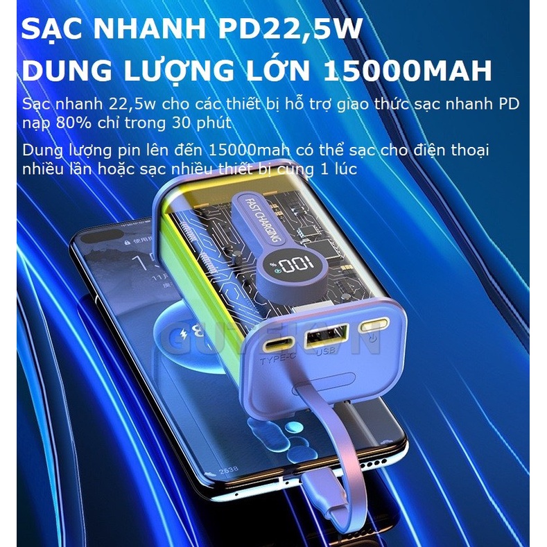 Sạc dự phòng Gutek GB35 sạt nhanh 22,5w Pin 15000mah vỏ trong suốt tích hợp cáp sạc điện thoại