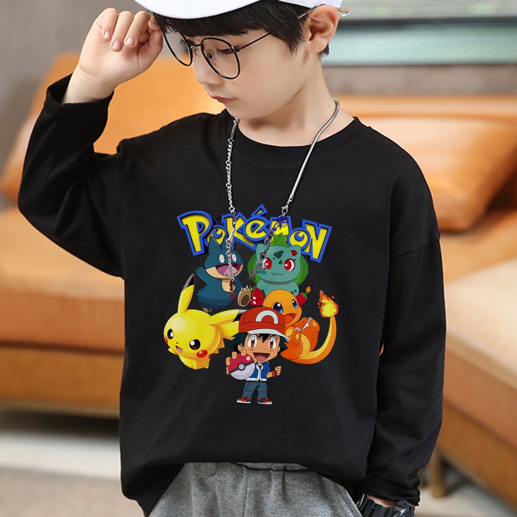 Áo Thun Đen Tay Dài In Hình Pikachu Dễ Thương Thời Trang Thu Đông Cho Bé